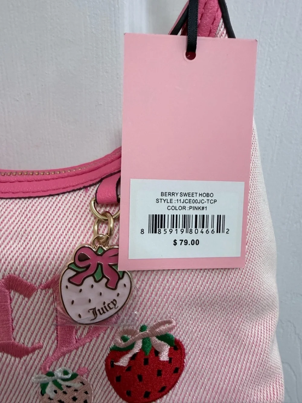 NWT Juicy Couture Berry Sweet Hobo in Pink, Strawberry 🍓 Charm